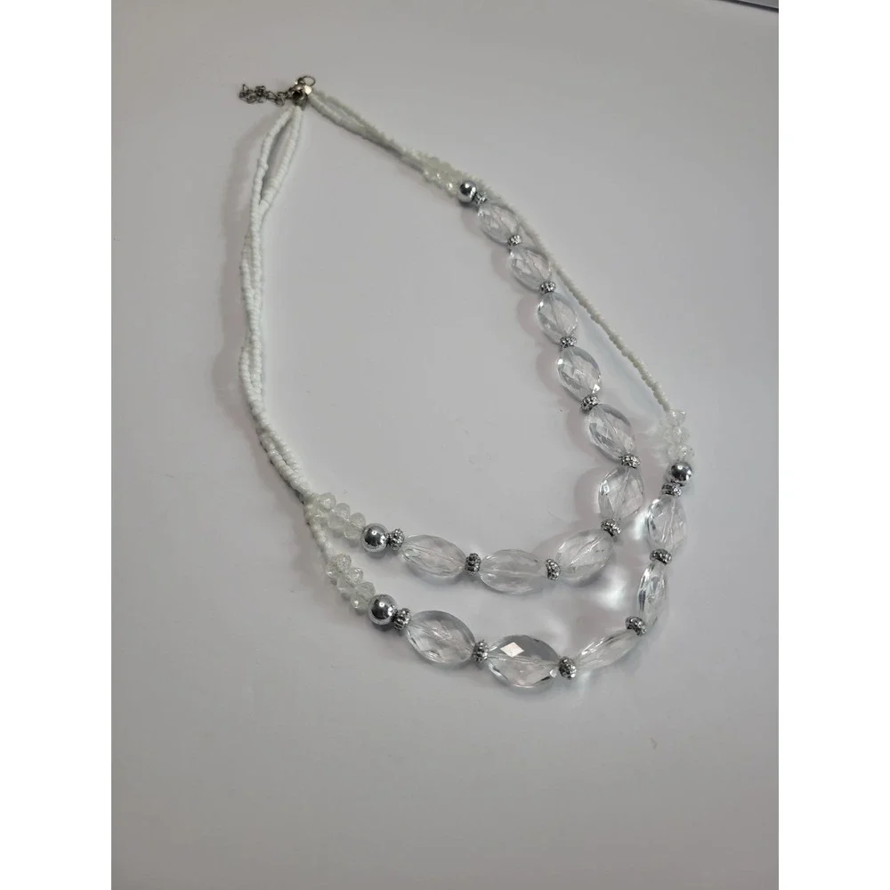 White Clear Double Strand Beaded Necklace Faceted Oval Silver Tone Statement